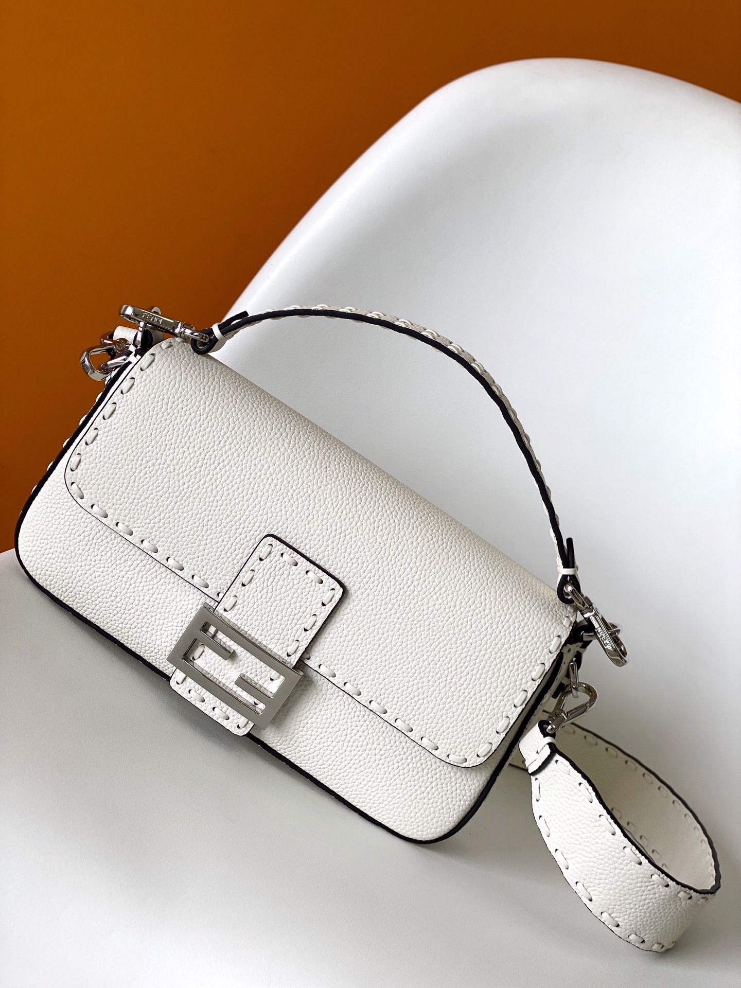 Fendi Medium Baguette Selleria Bag with 612 Hand-sewn Topstitches Shoulder Bag Ice White